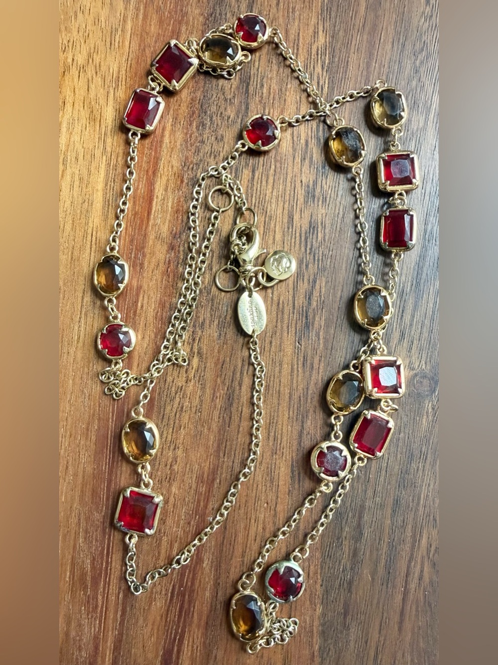 Spartina 449 Gold-Tone Glass Necklace Deep Red and Amber Bezel Long 32”